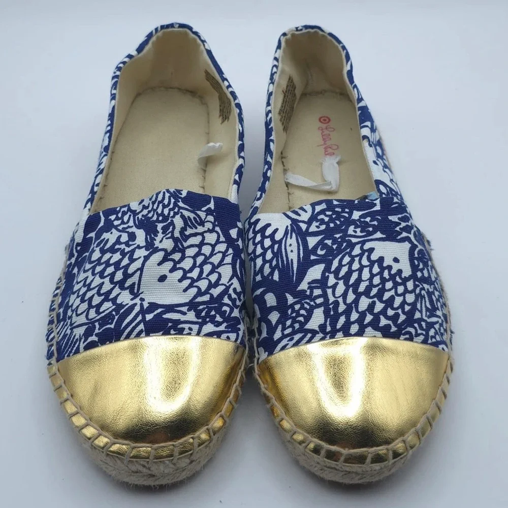 LILLY PULITZER Upstream Fish Gold Cap Toe Espadrille Women's 8 Blue White Canvas